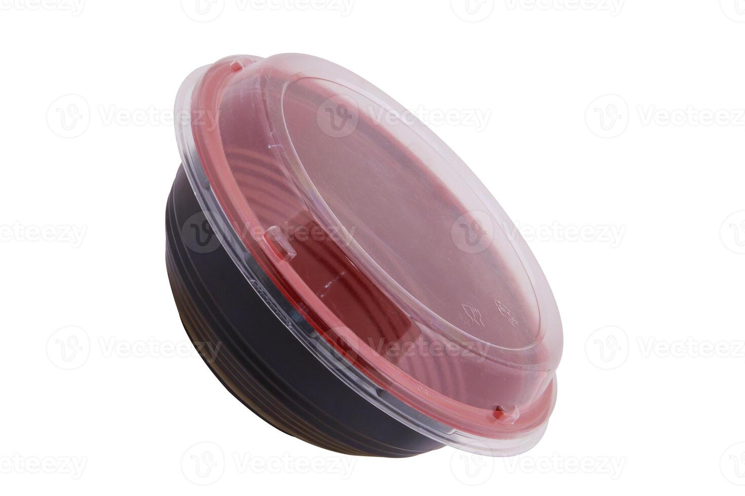 closed Black and Red plastic plate for food and salad isolated on white background photo