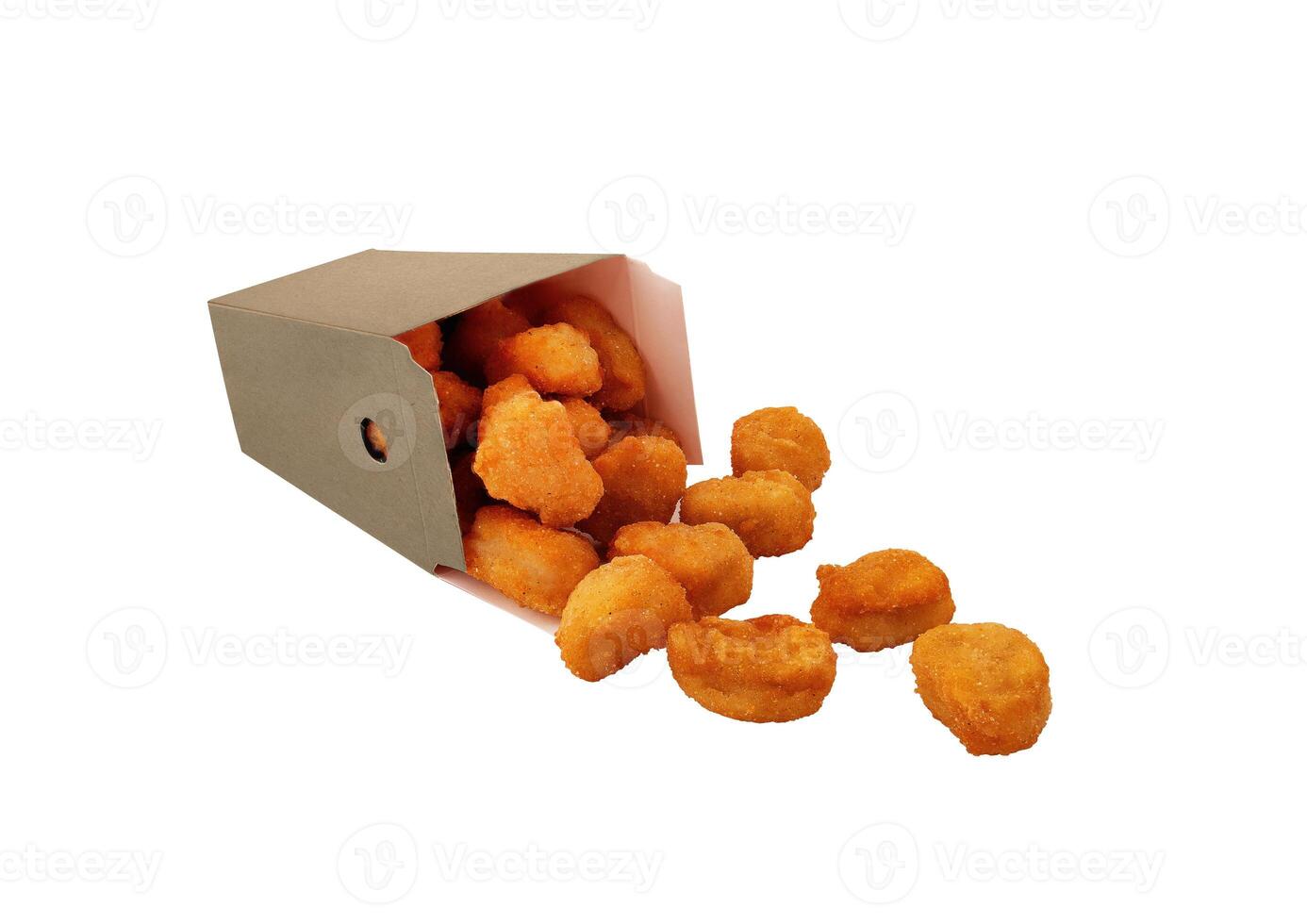 Crunchy chicken popcorn bites in carton container for fast food meals isolated on white background photo