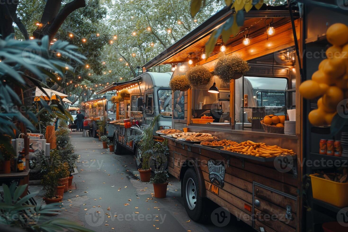 street food festival, food trucks in the park. Modern Food Truck with smooth shape, illumination, city park, cozy vibe. fast and mobile eating concept photo