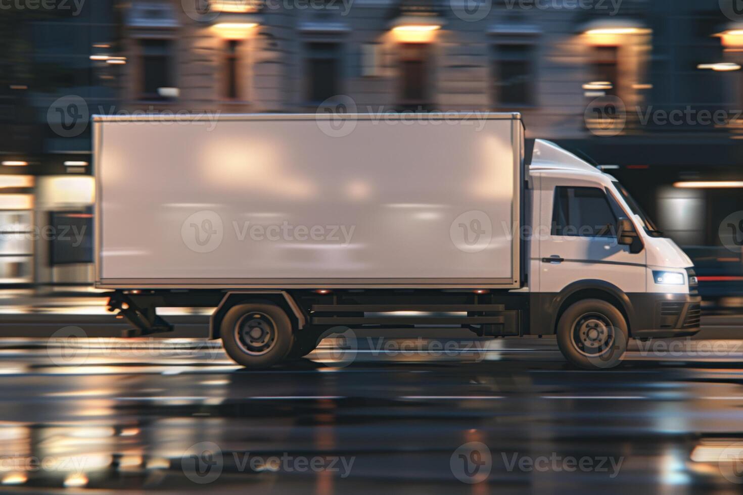 3d render motion, blank white delivery truck on road, side view. highway, lorry. fast delivery concept. photo