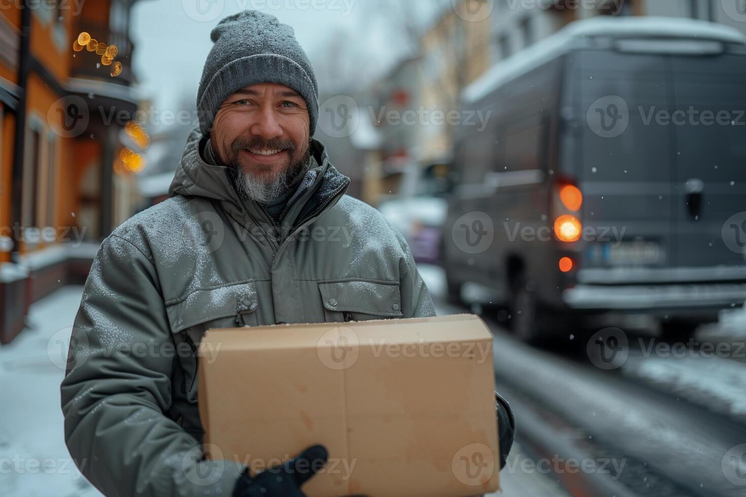 handsome man in gray uniform holding blank cardboard parcel, delivery man standing in front of the house, gray delivery truck on road in the background. ensuring efficient courier service photo