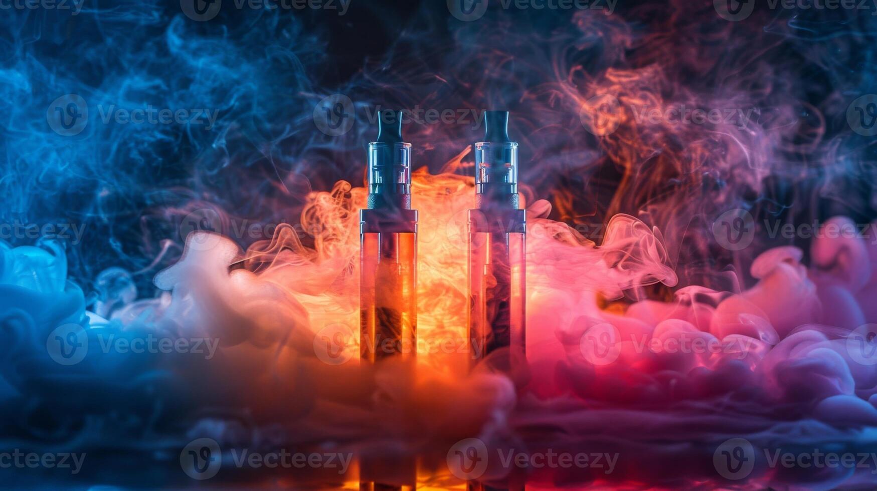 vapes. two rainbow disposable electronic cigarettes, colorful smoke around, dark background, neon light photo