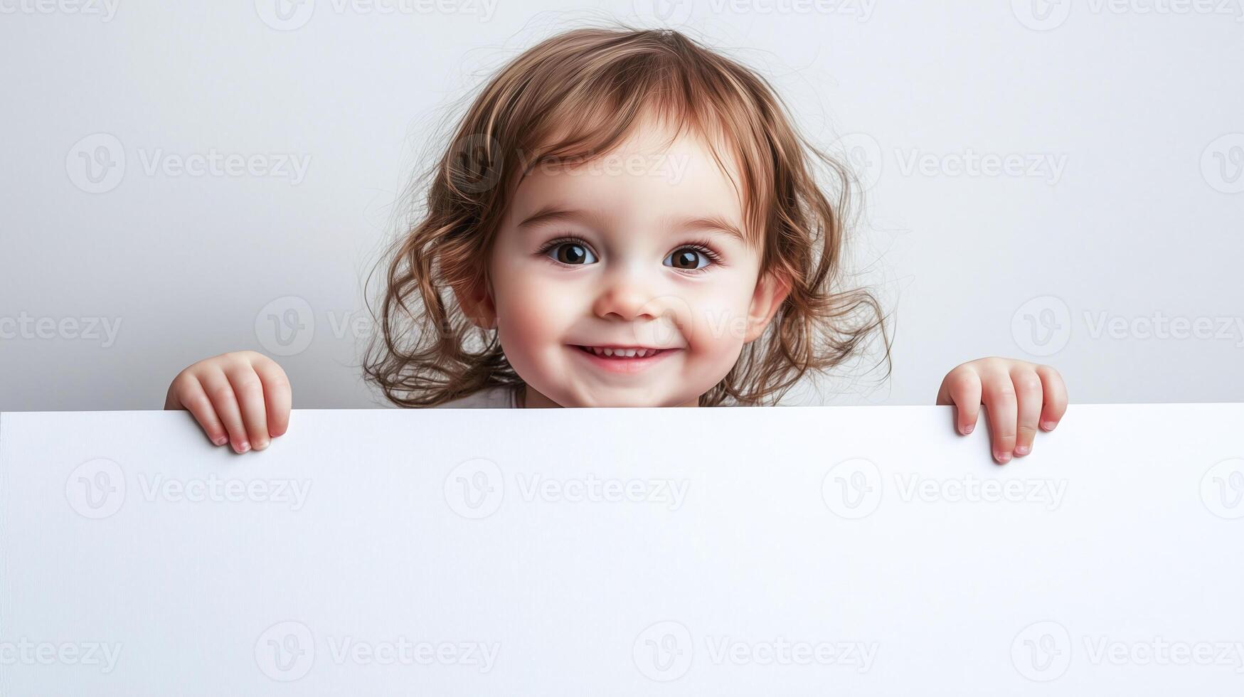 Adorable toddler with curly hair smiling, holding blank white board, perfect for family, child care, and educational content, great for marketing and advertising photo