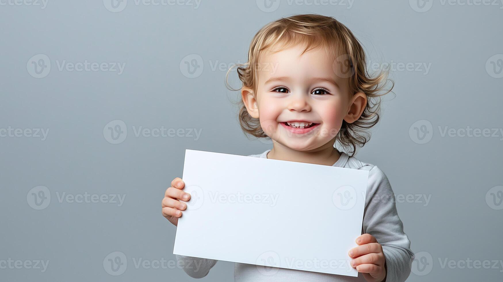 Adorable toddler holding blank white sign, smiling baby portrait, isolated on grey background, happy child, blank banner for text, cheerful kid with message board photo