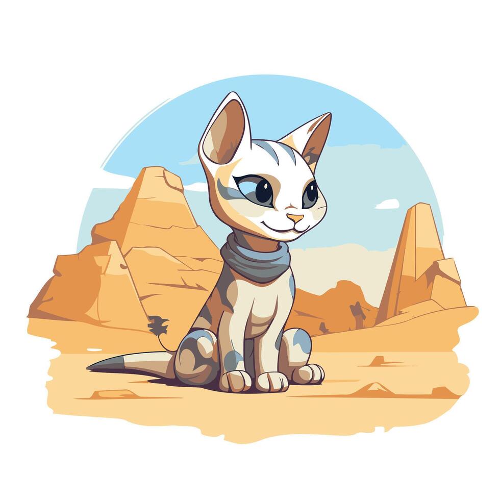 A cartoon cat sitting in the desert with mountains in the background vector