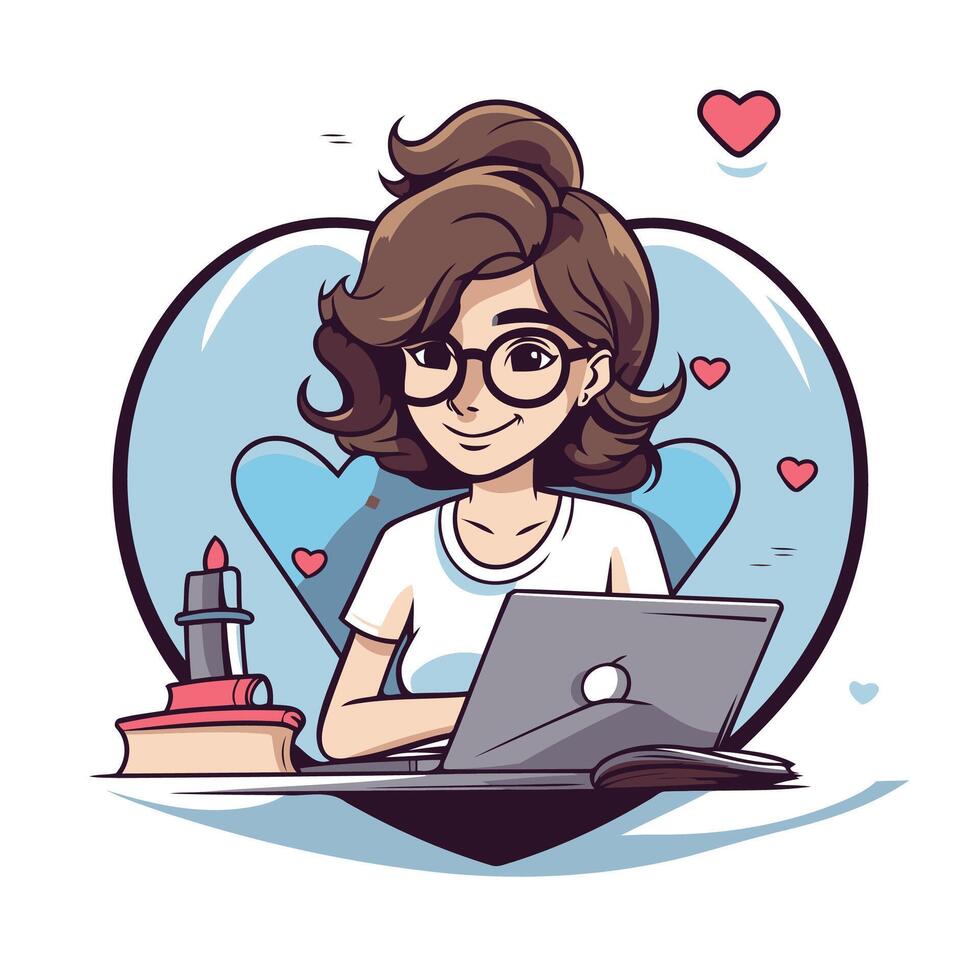 A cartoon girl with glasses and a laptop vector