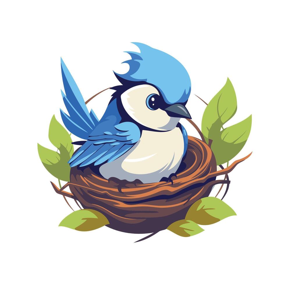 A cartoon blue bird sitting in a nest with leaves vector