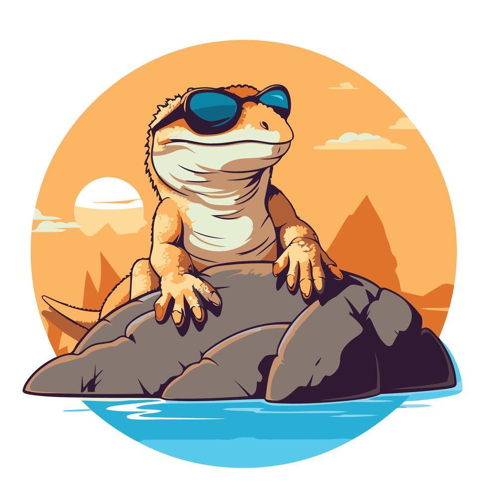 A lizard wearing sunglasses sits on a rock in the water vector