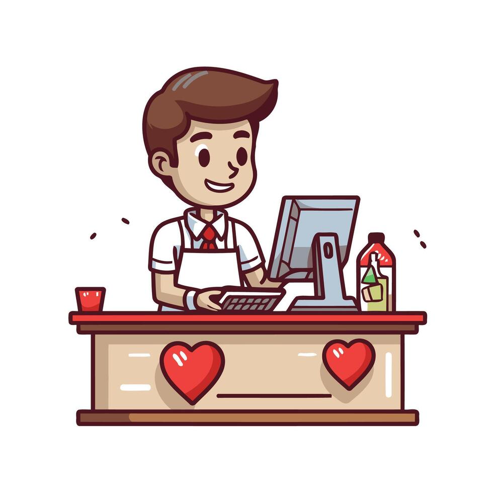 un hombre trabajando a un escritorio con un corazón conformado computadora vector