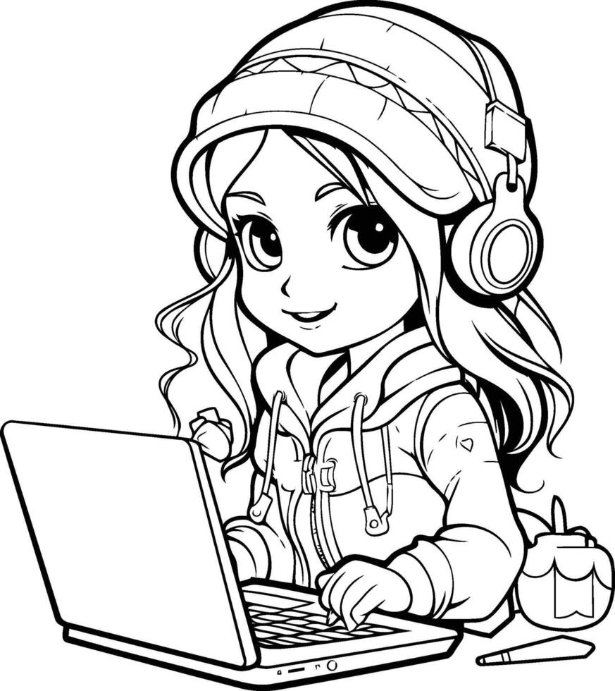 A girl with headphones and a laptop coloring page vector