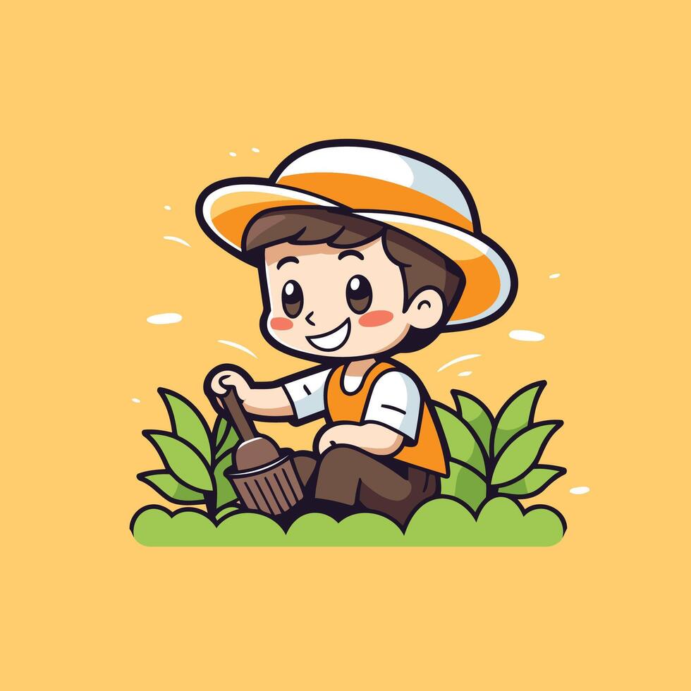 A cartoon boy sitting in the grass with a rake vector
