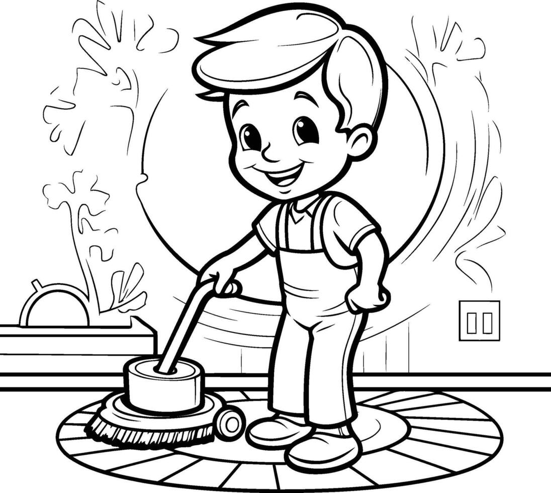 Coloring pages for kids with a boy cleaning the floor vector