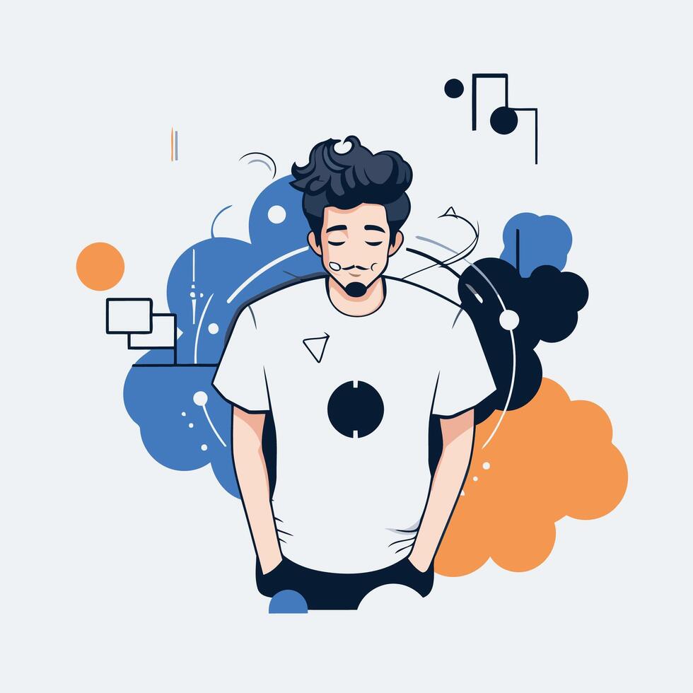 A man with a white t - shirt and blue and orange clouds vector