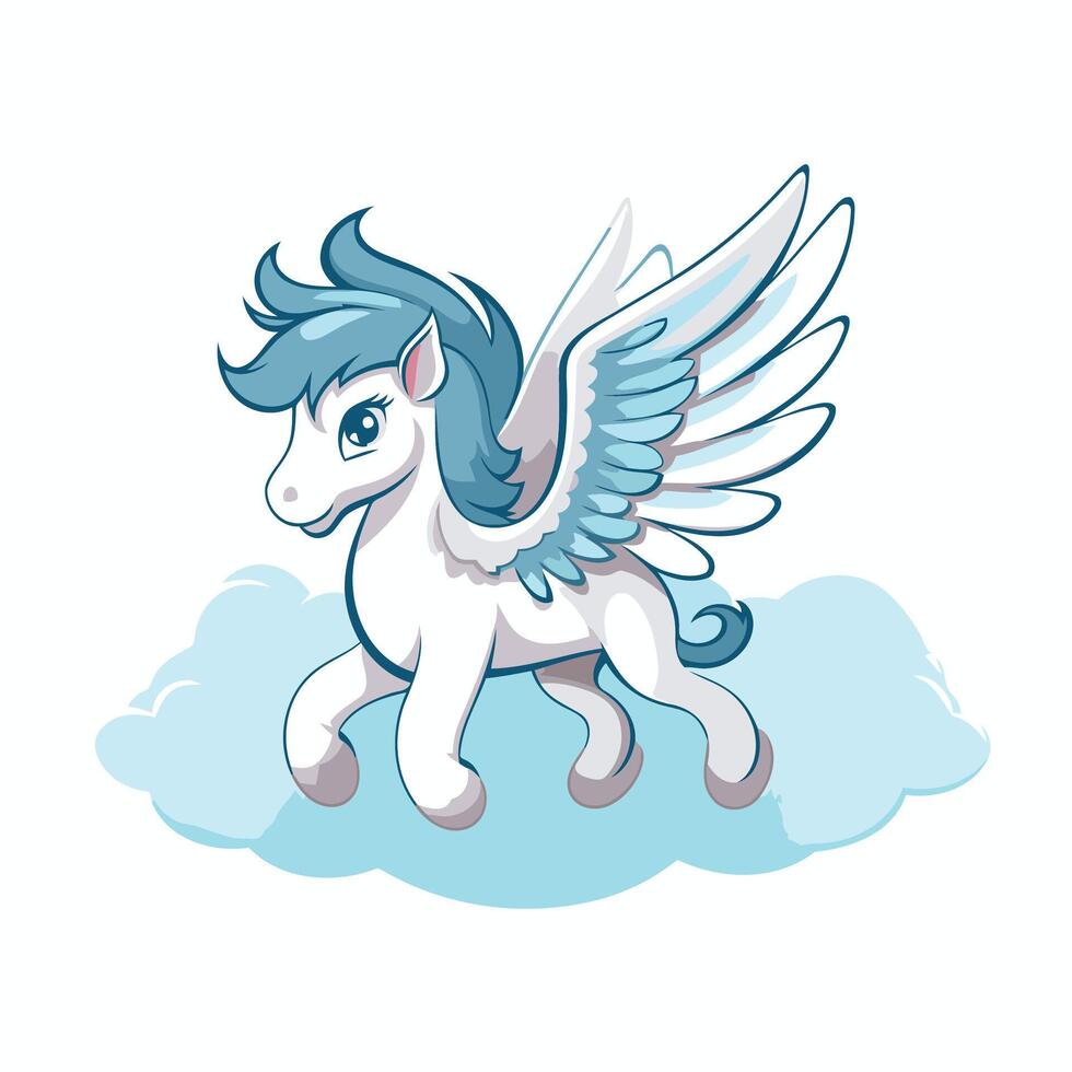A cartoon white horse with blue wings vector