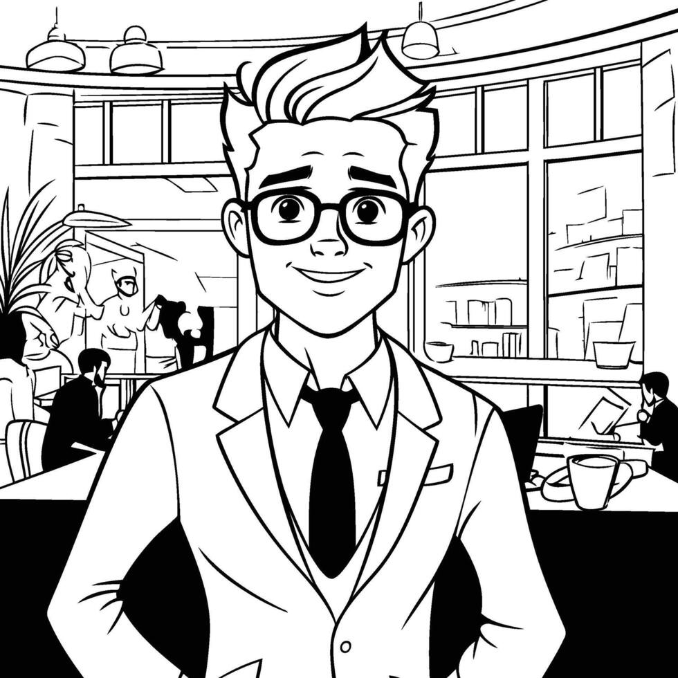 A cartoon man in a suit and tie standing in front of a coffee shop vector