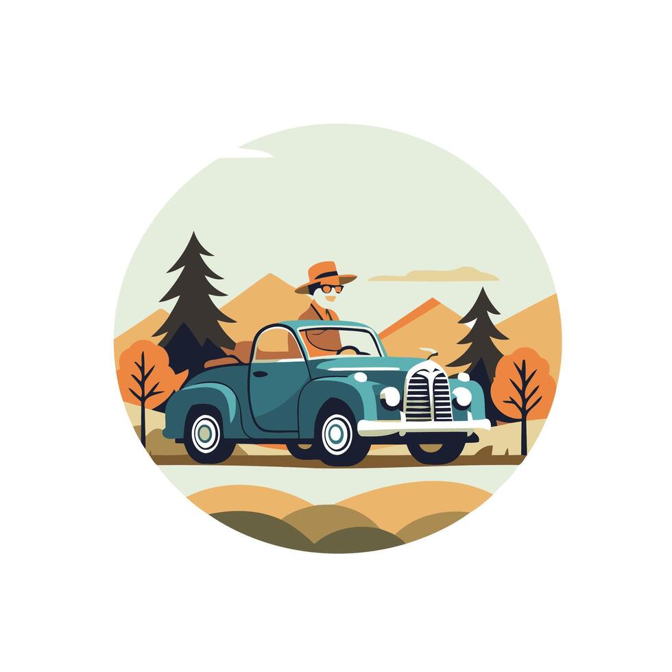 An illustration of a man driving a vintage car vector