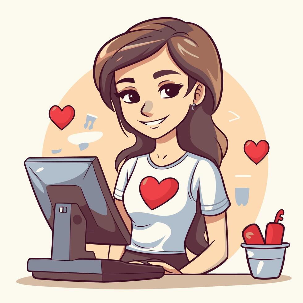 A cartoon woman in a t - shirt and heart - shaped glasses is working on a computer vector