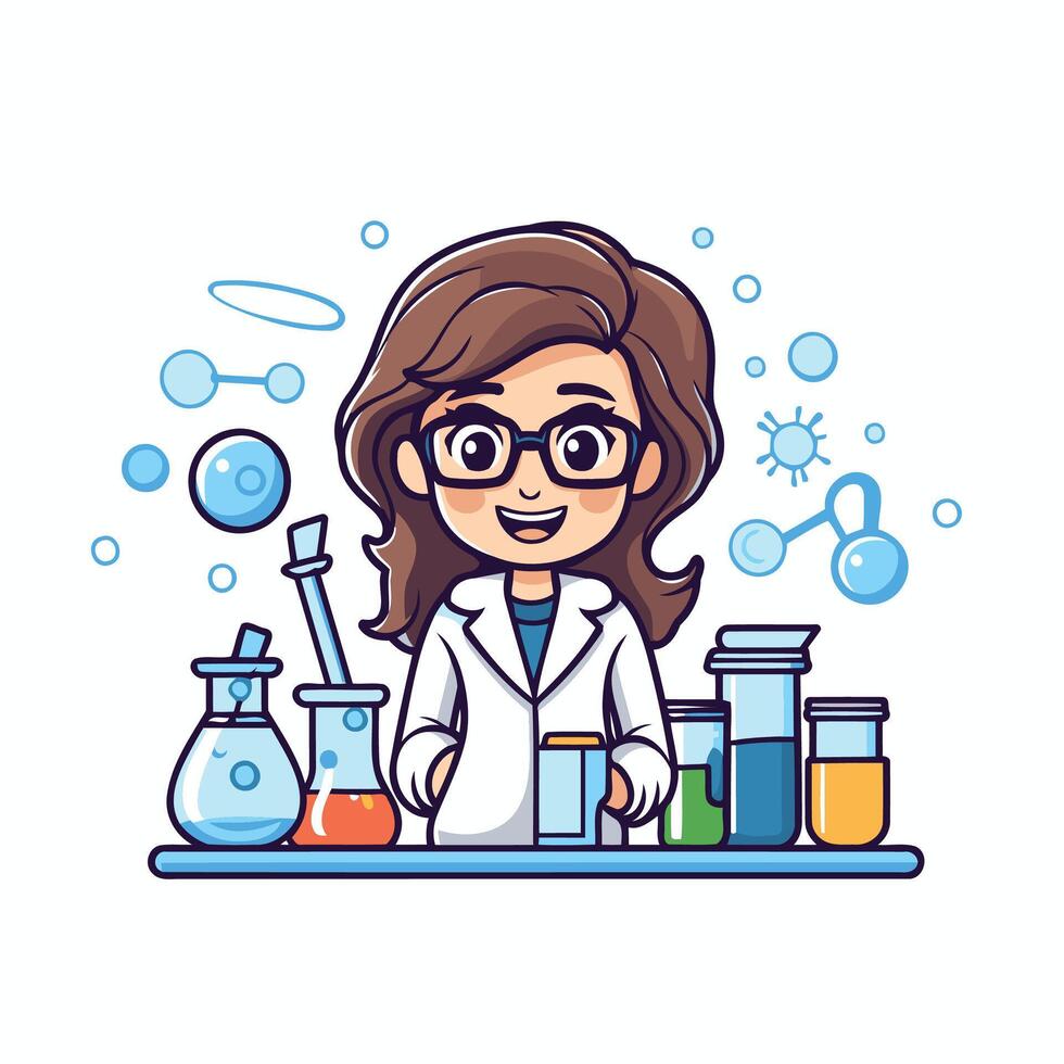 A cartoon woman in a lab coat and glasses is standing in front of a table with various chemicals vector