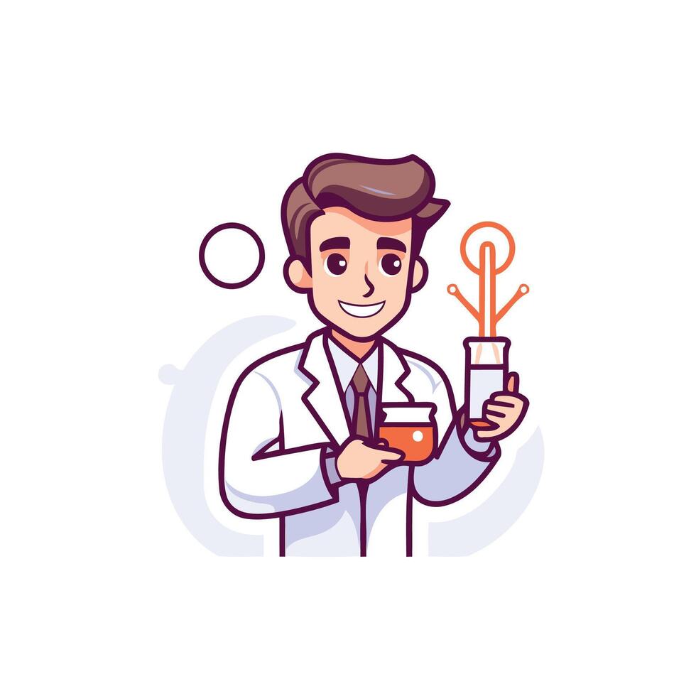 A man in a lab coat holding a glass of liquid vector
