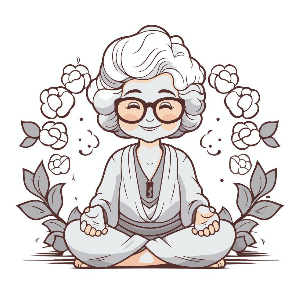 An old woman in glasses sitting in a lotus position vector