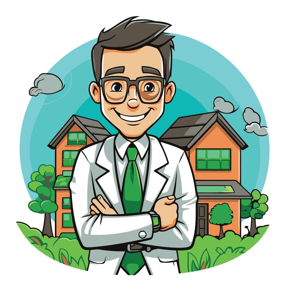 A cartoon man in a suit and tie standing in front of a house vector