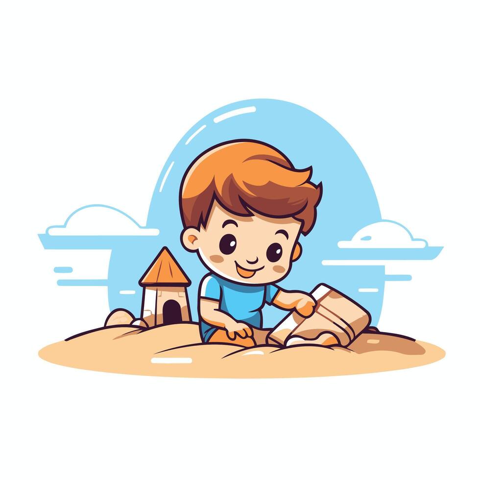 Boy playing with sand in the sandpit, cartoon illustration vector