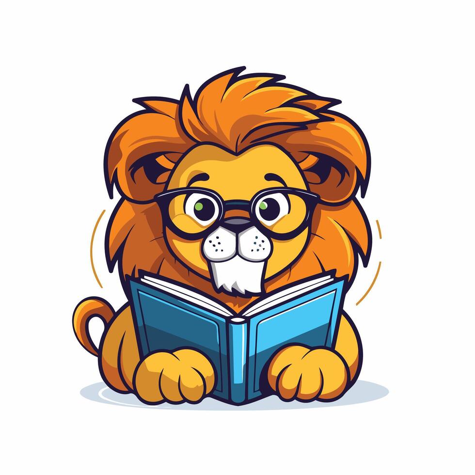 Lion reading book cartoon illustration vector