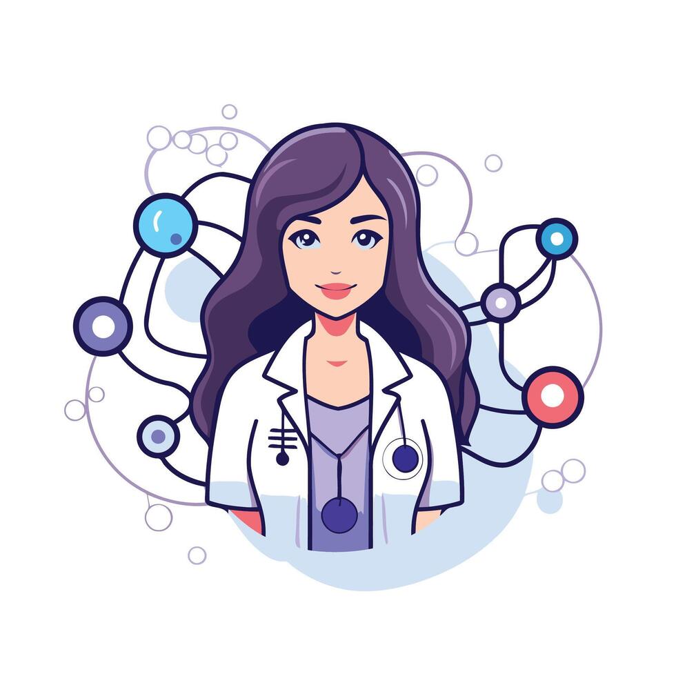 A woman in a lab coat with a bunch of icons around her vector