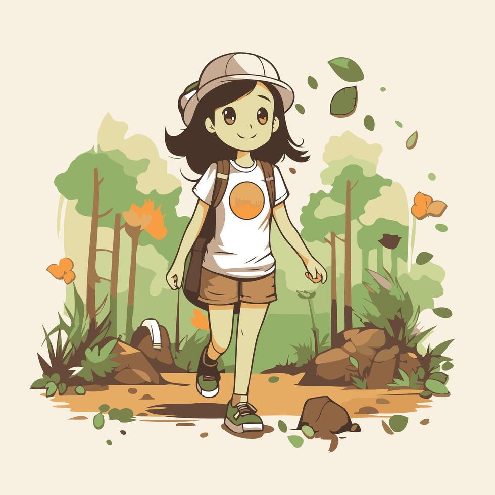 A girl in a hat and shorts walking through the woods vector