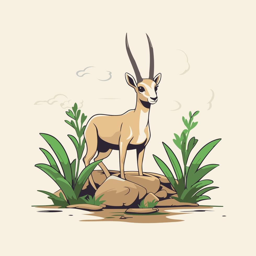 A cartoon gazelle standing on a rock in the grass vector