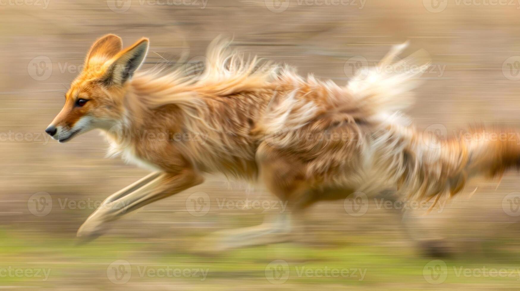 Wild red fox running swiftly through the grassland. Concept of wildlife movement, animal agility, natural habitats, wilderness speed, motion, blur photo