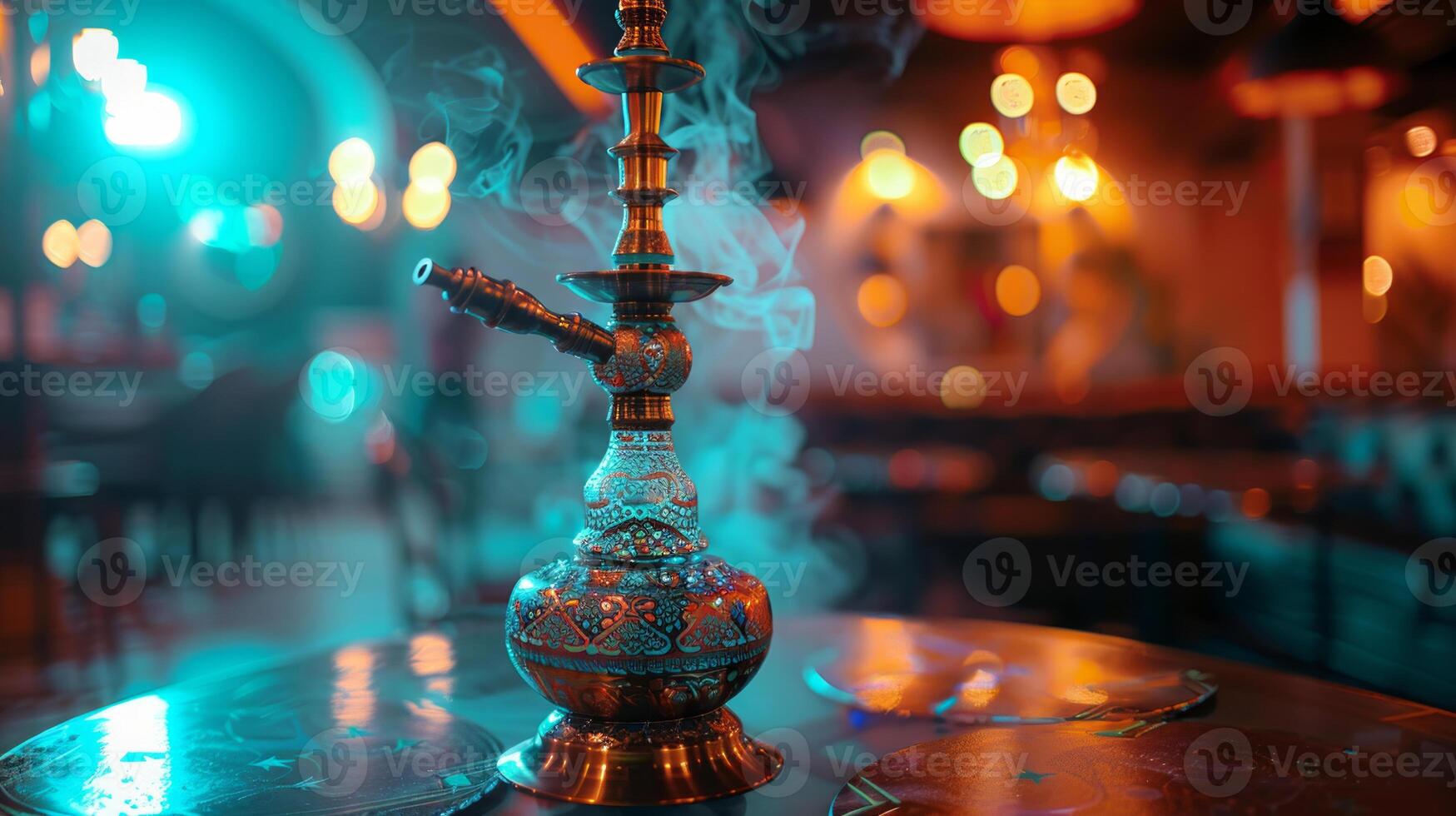 A beautifully designed hookah with light smoke, set against a warm, ambient background with glowing lights in a hookah lounge. Concept of cultural tradition, relaxation, and social gatherings photo