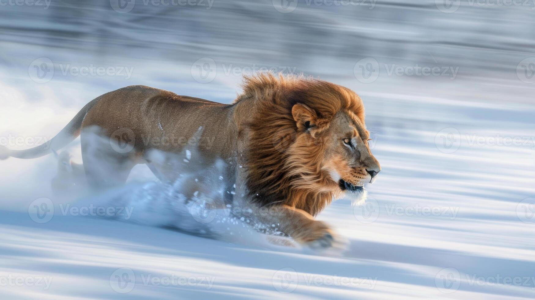 Majestic Lion Running Through Snowy Landscape. Concept of wildlife, majestic animals, nature exploration, big cats, motion, blur, speed photo