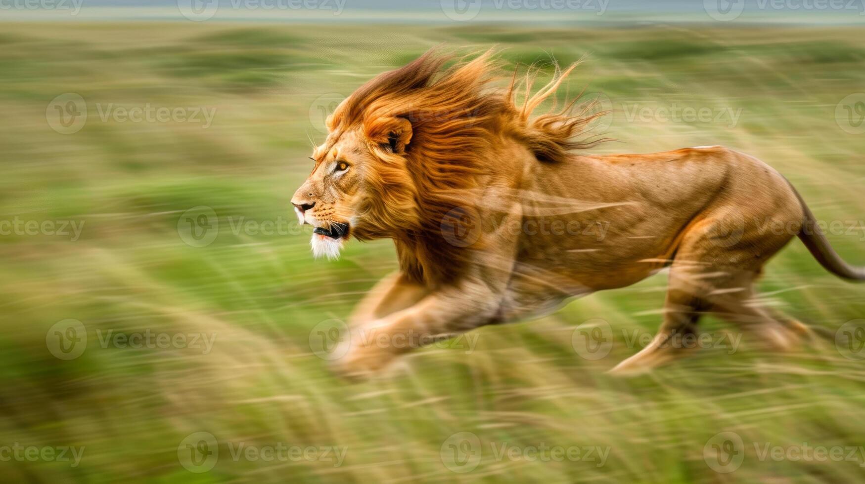 Majestic Male Lion Running Through Grassy Savannah. Concept of wildlife, nature, speed, African safari, motion, blur photo