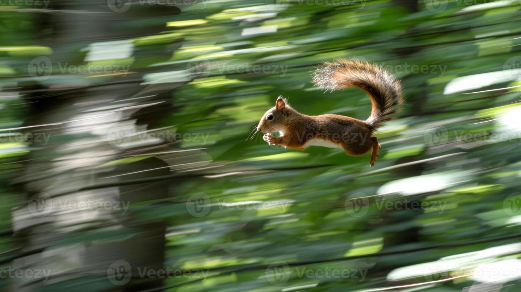 Dynamic shot of a squirrel leaping through a lush forest. Concept of nature, wildlife, agility, animal movement photo