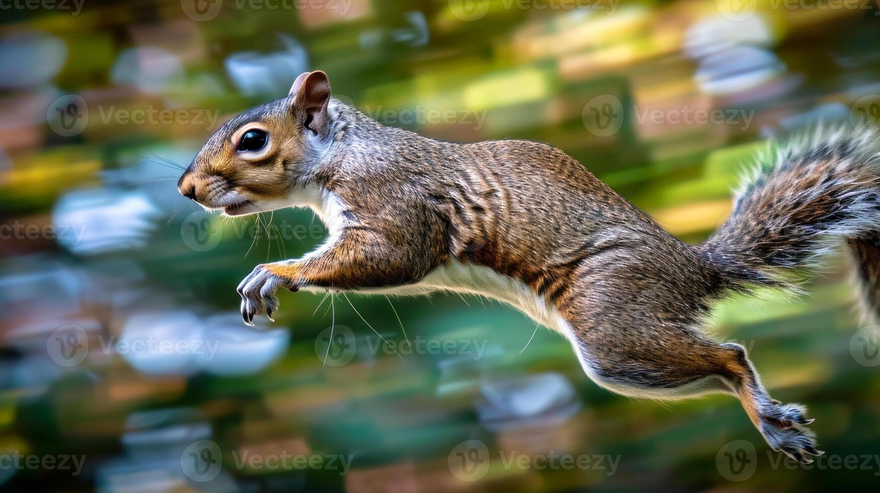 Dynamic shot of a squirrel leaping through a lush forest. Concept of nature, wildlife, agility, animal movement photo