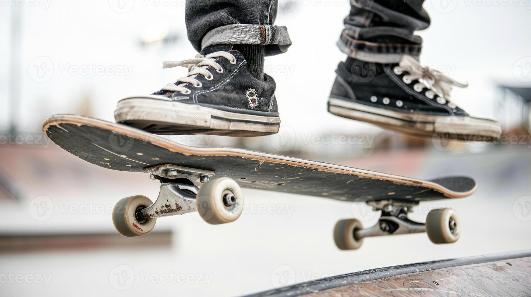 Close-up of a skateboarder's feet performing a jump trick at a skate park. Concept of skateboarding skills, youthful lifestyle, outdoor activities, sports action photo