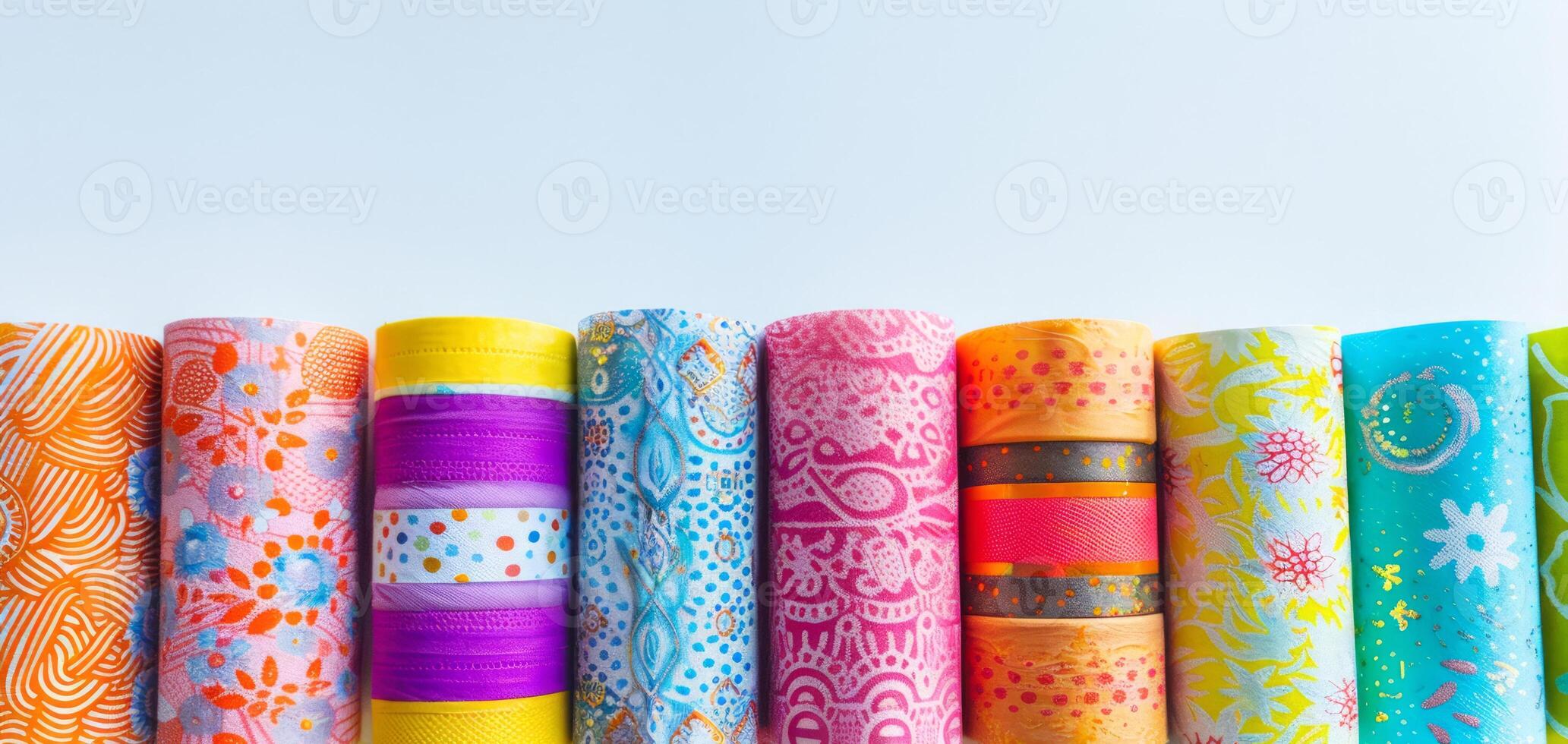 Colorful rolls of patterned fabric in a row against a clear sky. Concept of textile designs, fabric patterns, arts and crafts, colorful materials photo