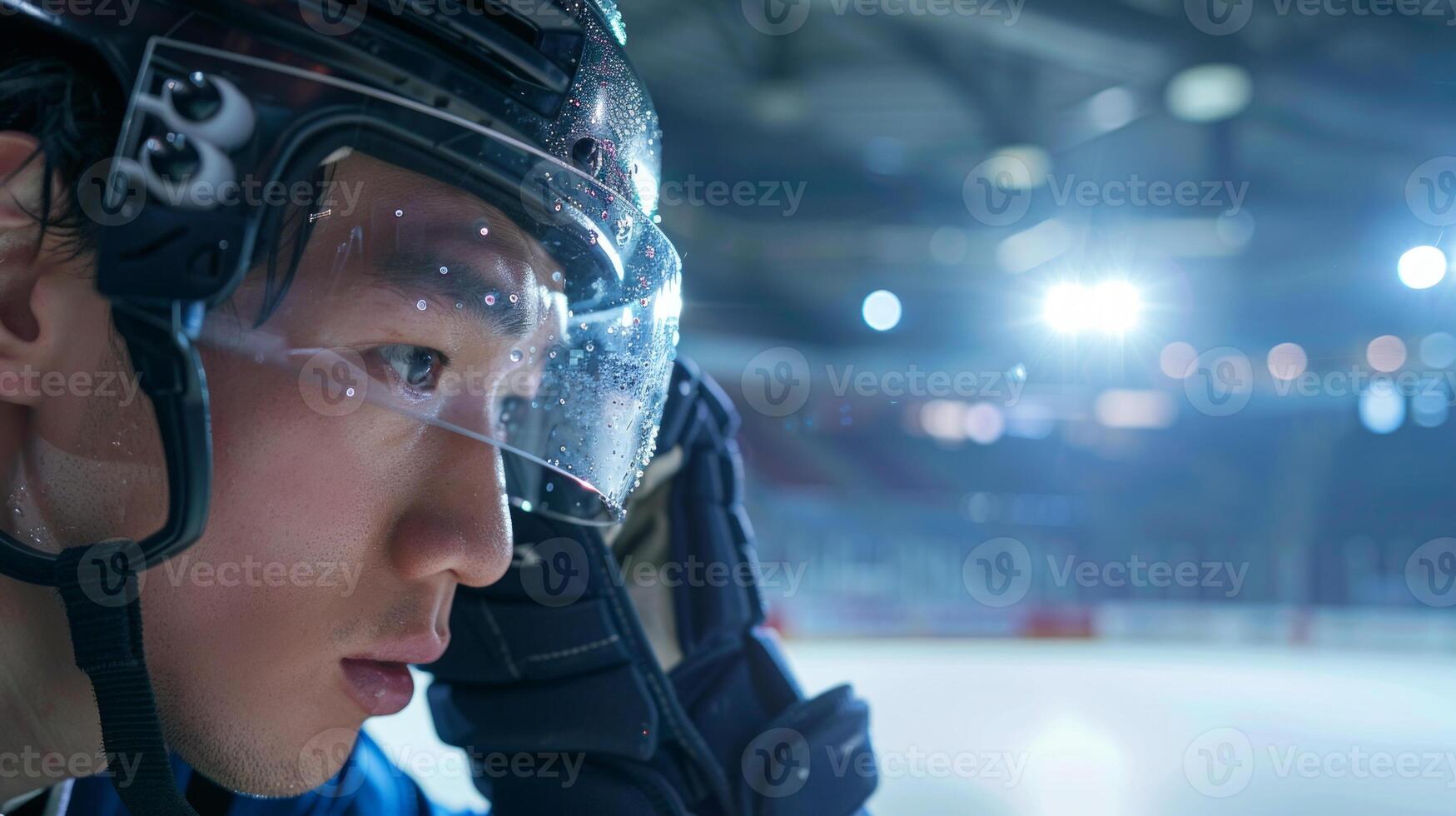 Close up Asian ice hockey player wearing a helmet with a determined look, standing on an ice rink. Concept of athlete concentration, competitive sports, professional ice hockey, teamwork photo