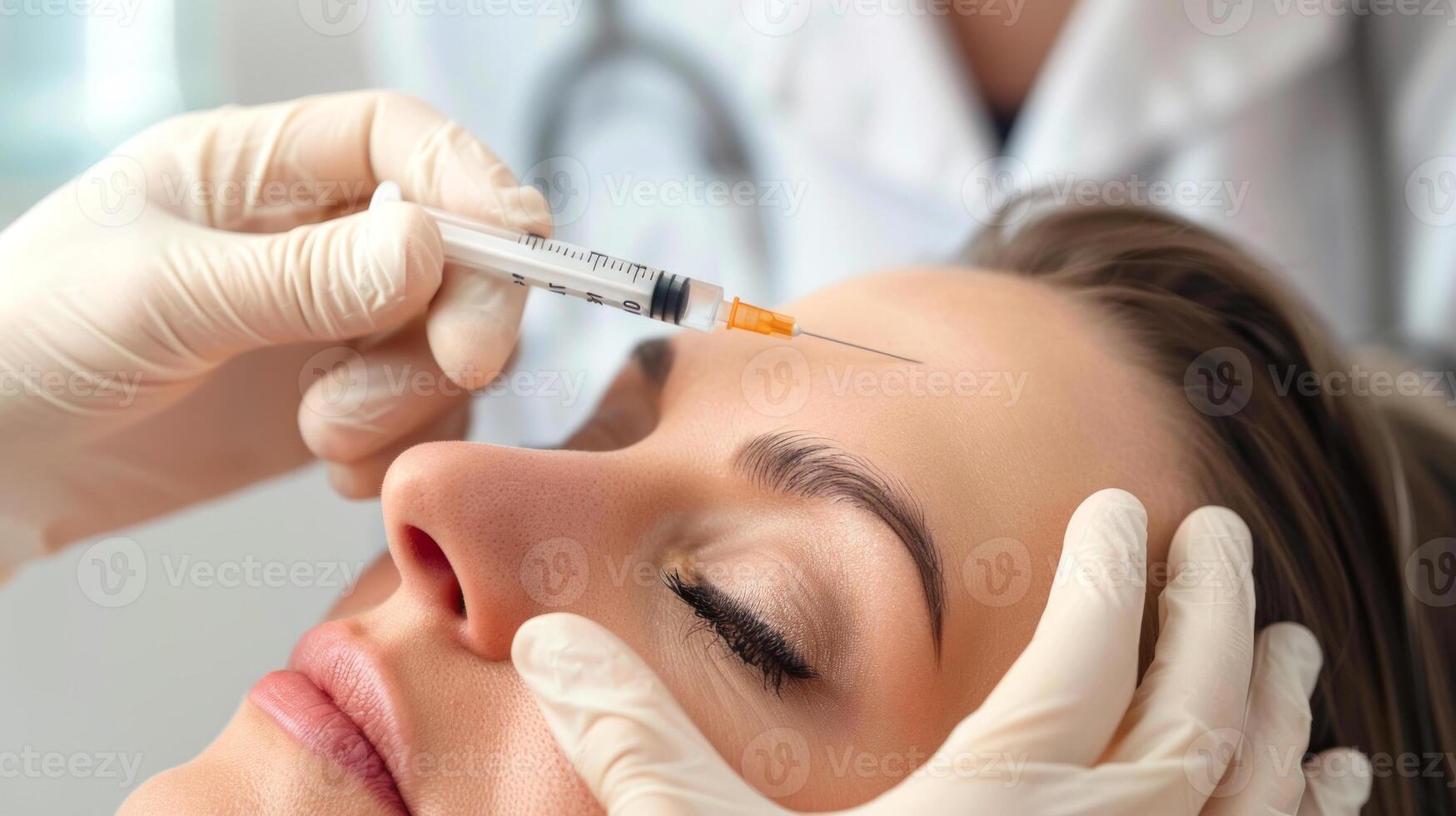 Close-up of medical professional wearing blue gloves administering Beauty Facial skin injection to woman's forehead. Concept of cosmetic treatment, wrinkle reduction, anti-aging procedures, skincare photo