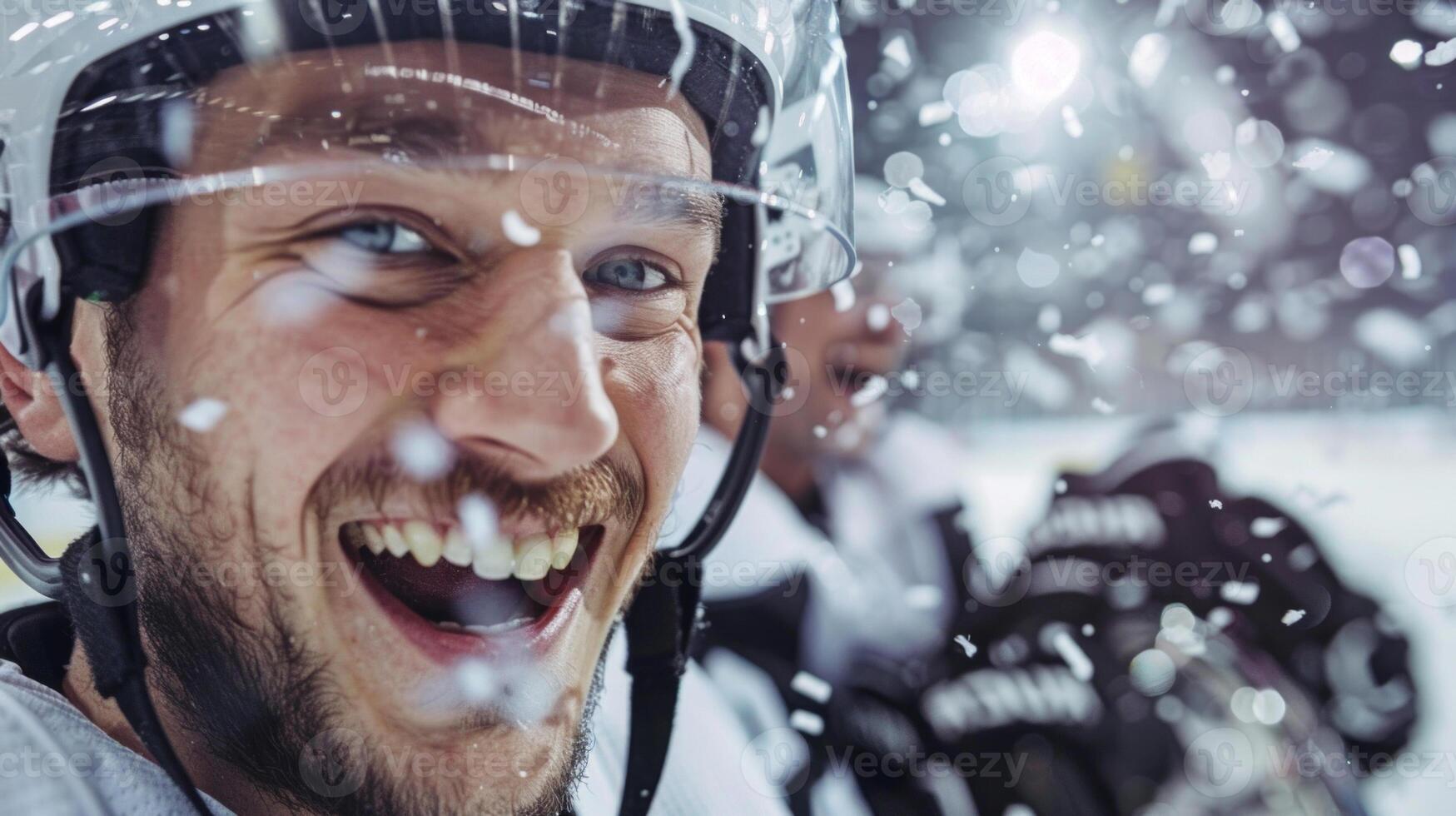 Excited Caucasian Hockey Player Cheering with Team During a Game Celebration. Concept of Sports Enthusiasm, Joyful Moments in Hockey, Team Spirit, Athletic Dedication photo