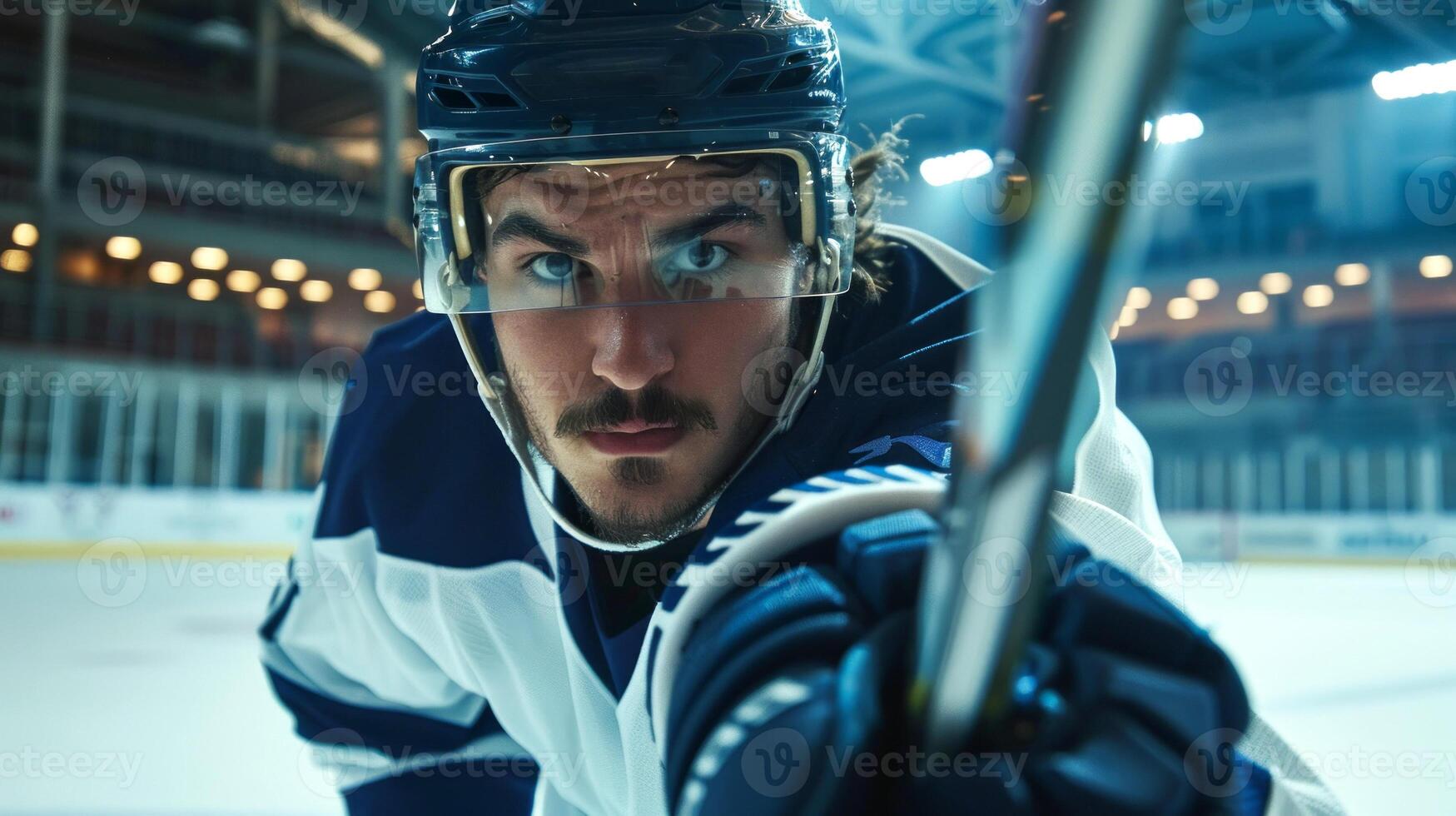 Focused Hockey Player During Intense Game in a Stadium. Concept of Competitive Sports, Athletic Determination, Professional Hockey, Game Focus photo