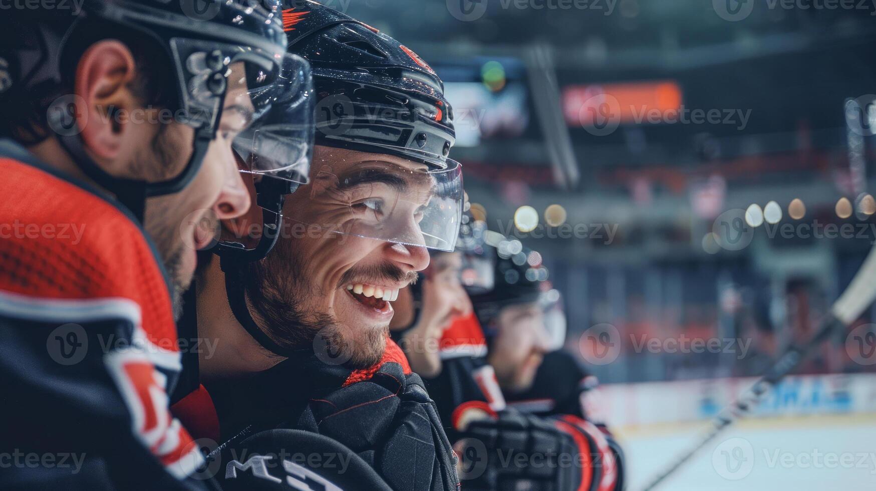 Hockey Team Huddled Together During Game Showing Team Spirit in Ice Arena - Concept of Sportsmanship, Team Unity, Competitive Sports, Athleticism photo