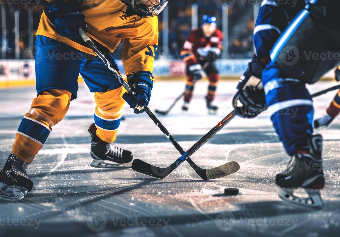 Hockey players facing off in an intense game moment on the ice. Concept of competitive sports, teamwork, athletic performance, ice hockey match photo