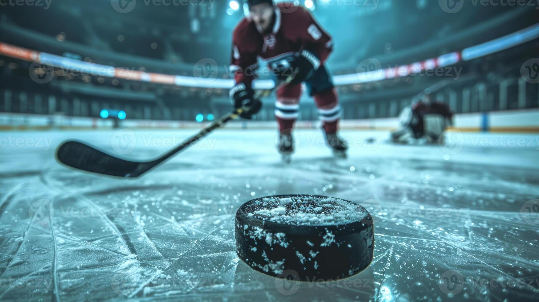 Close-Up of Hockey Puck on Ice in a Professional Hockey Stadium with Players in the Background. Concept of Ice Hockey Sports, Professional Hockey Players, Competitive Sports photo