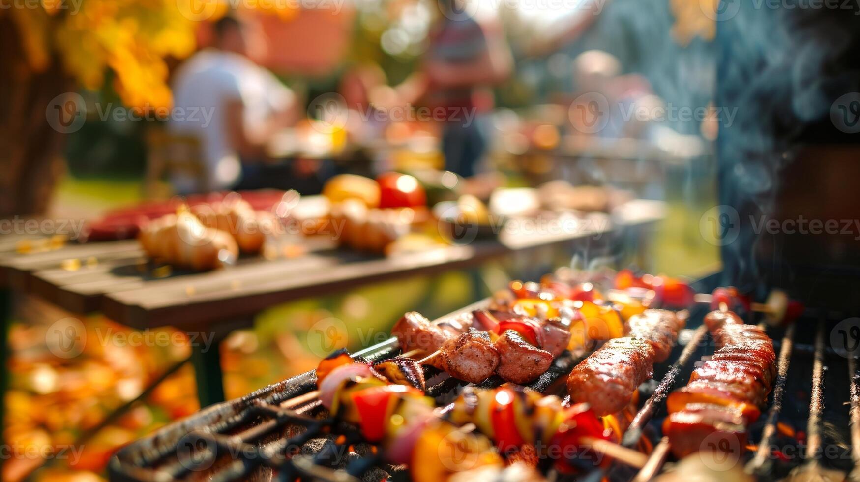 Close-up of a Barbecue Grill Loaded with Grilled Meat and Vegetables at an Outdoor Gathering. Concept of Barbecue Party, Grilling, Outdoors, Social Events photo