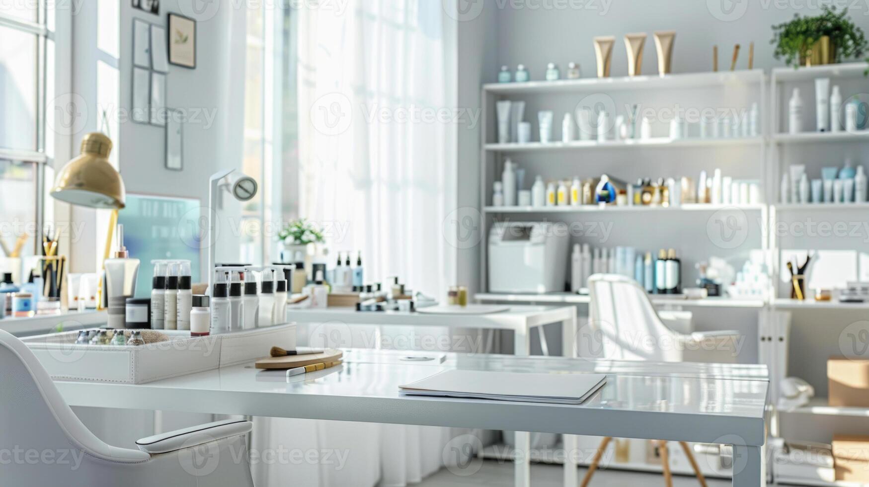 Modern manicure salon with minimalist design, warm lighting, and natural elements. Concept of beauty, wellness, relaxation, and interior decor photo