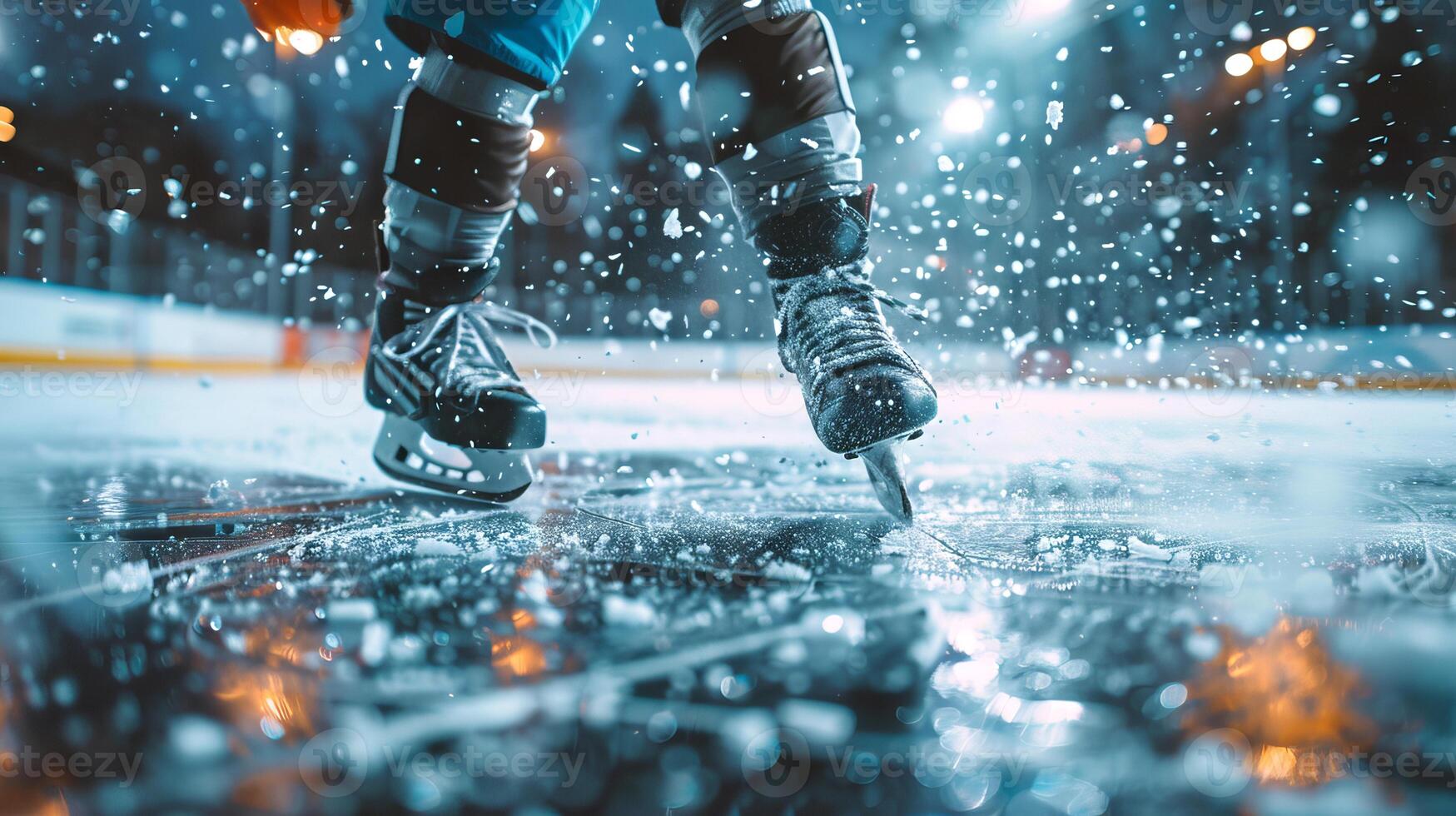 A close-up view of a hockey player's skates in motion on an ice rink, capturing the dynamic spray of ice. The image highlights sports action, hockey equipment, and athletic performance photo