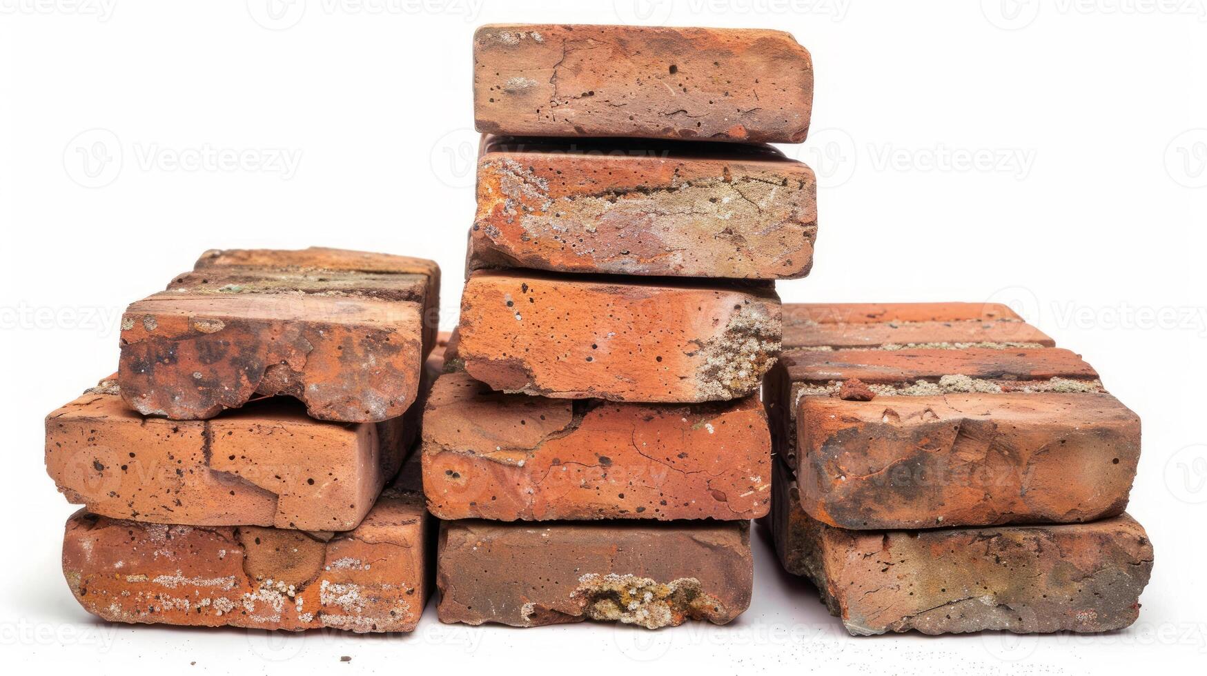 Stack of rustic red bricks in disarray on a white background. Concept of construction materials, building foundation, masonry work, home improvement photo