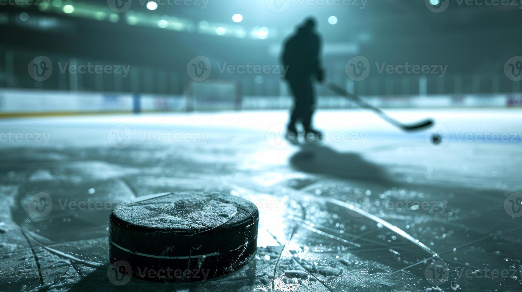 Close-up of a hockey puck on ice with a player in the background, blurred. Concept of ice hockey, sports focus, competition, winter sport photo
